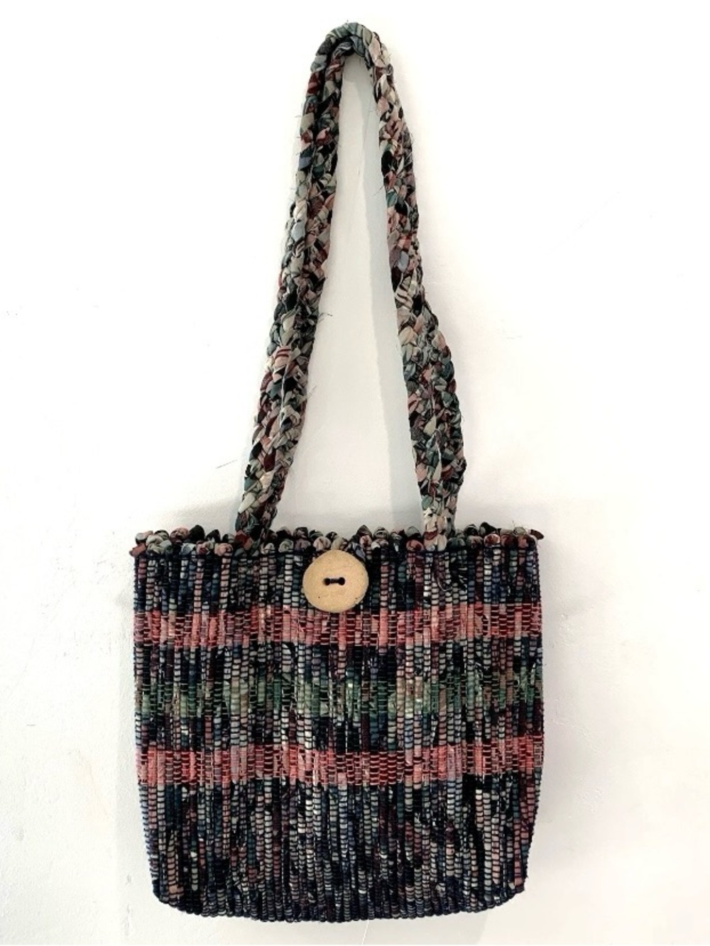 Handwoven Multicolor Stripe Tote with Earthenware Button